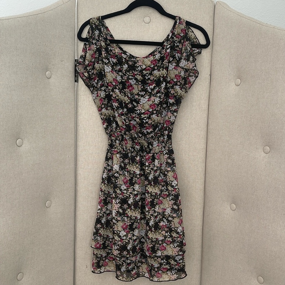 Express Black Floral Boat Neck Elastic Waist Layered Skirt Sundress XS